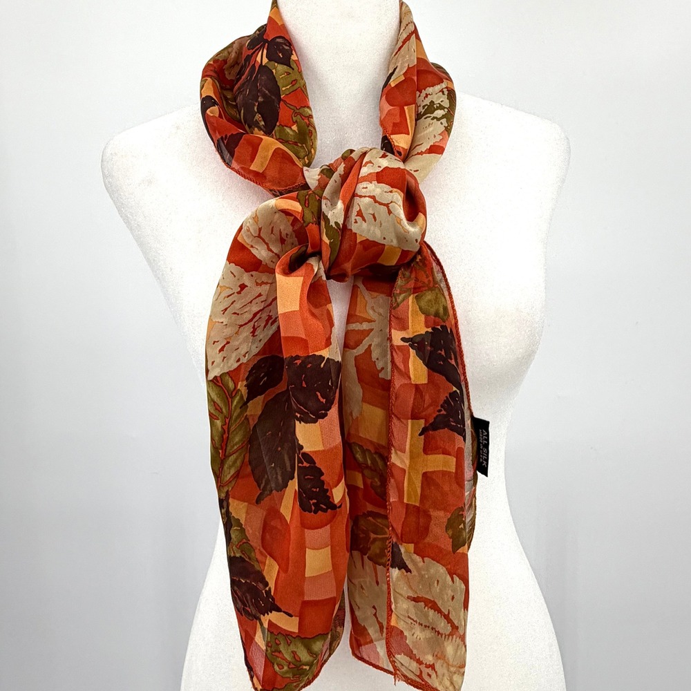100% Silk Scarf Orange Autumn Leaf Print Cejon Accessories Made in USA 56x10 in